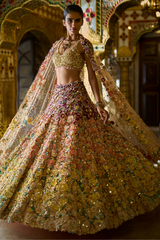 Ombre Multi-Coloured Three-Dimensional Floral Lehenga Set