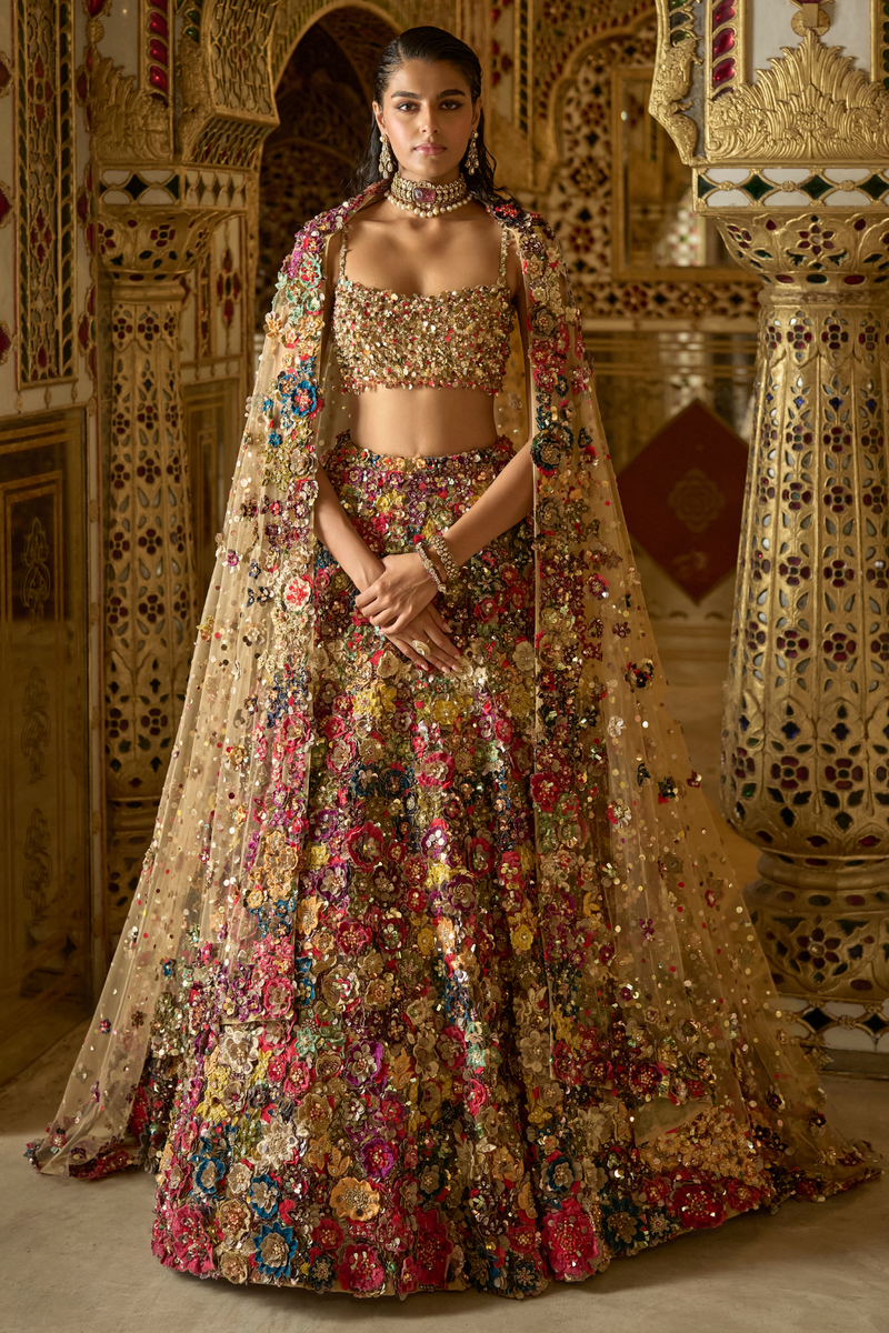 Multi-Coloured Three-Dimensional Floral Lehenga Set