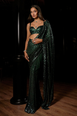 Emerald Green Ombre Sequin Georgette Saree