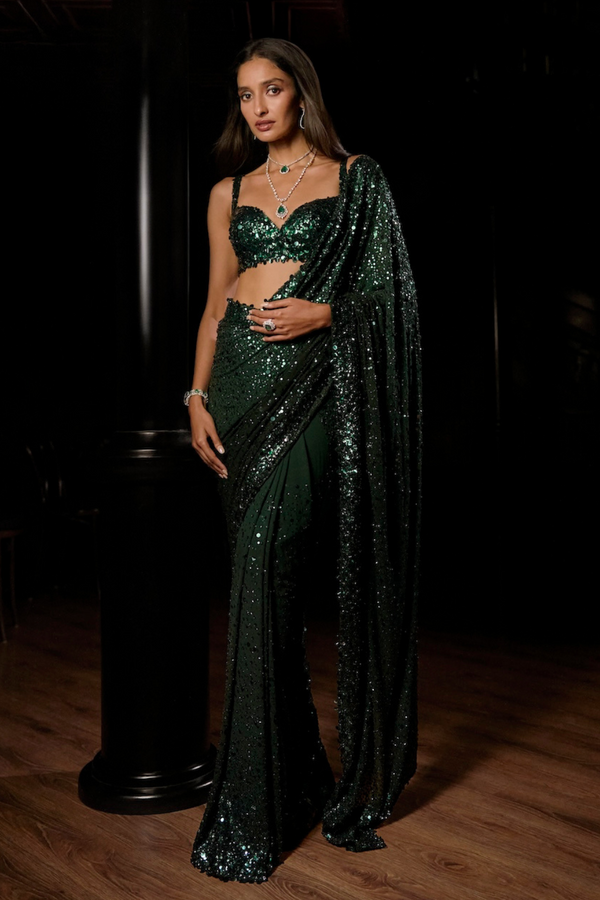 Emerald Green Ombre Sequin Georgette Saree