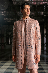 Rose Gold Mirror Work Sherwani Set