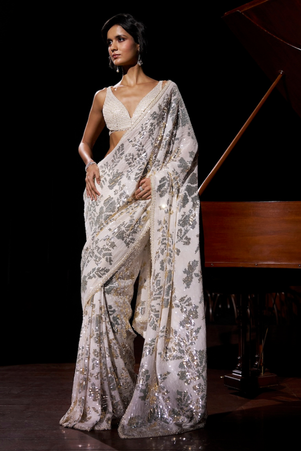 Gold Silver Sequin Georgette Saree