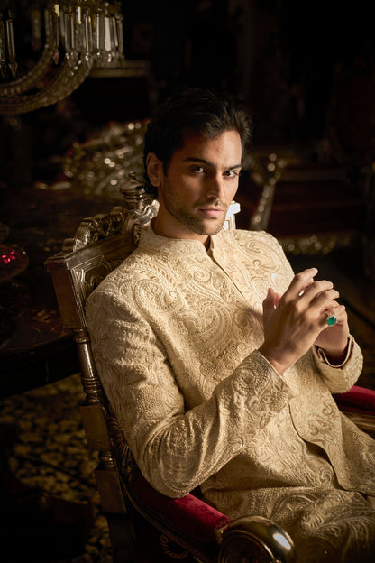 Cream Abstract Sherwani Set