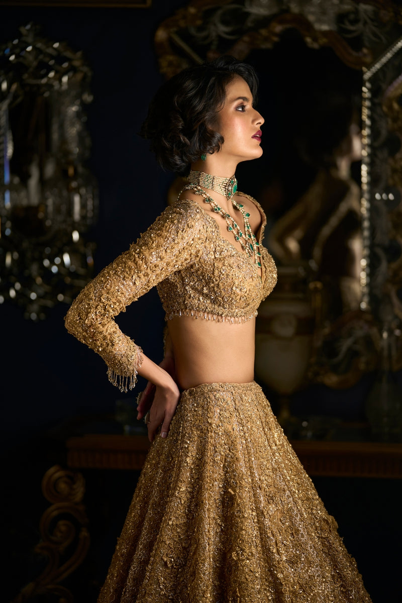 Buy Gold Embellished 3d Floral Motifs Boat Crochet Crop Top And Palazzo Set  For Women by Etasha by Asha Jain Online at Aza Fashions.