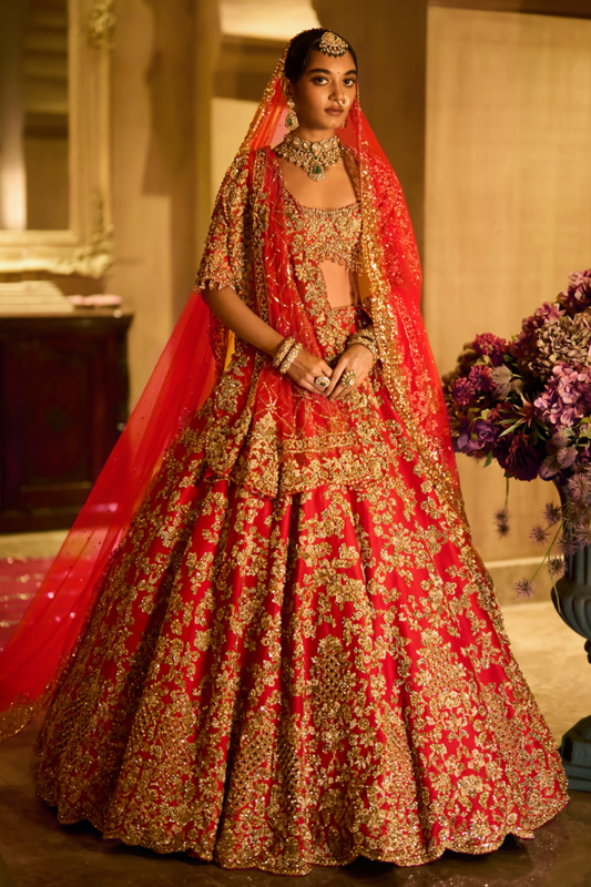 Red Zardosi Cut Work Lehenga Set