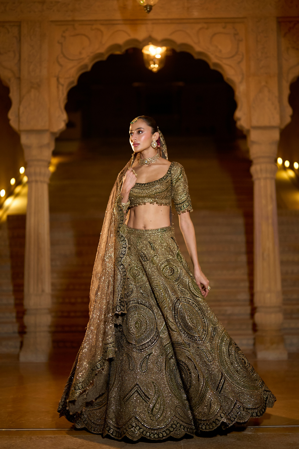 Moss Green Applique Lehenga Set