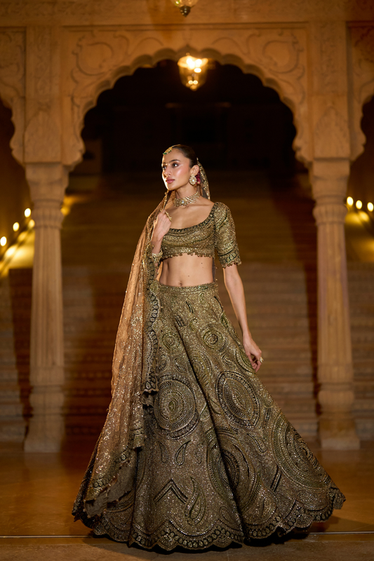 Moss Green Applique Lehenga Set