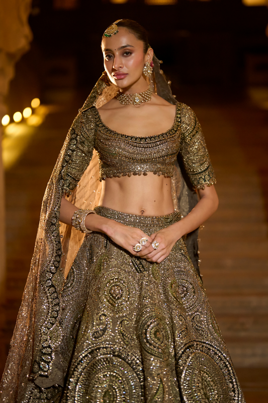 Moss Green Applique Lehenga Set