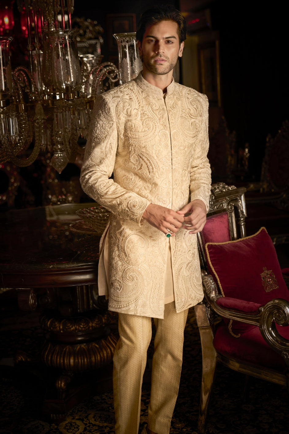 Cream Abstract Sherwani Set