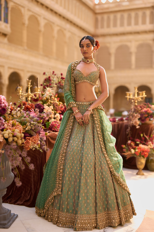 Green Gold Zardosi Lehenga Set