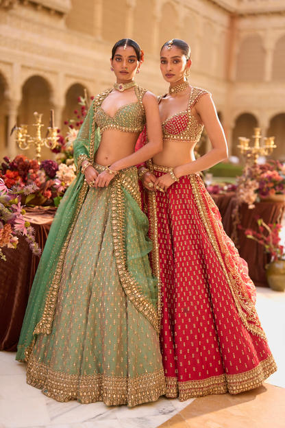 Dark Red Gold Zardosi Lehenga Set
