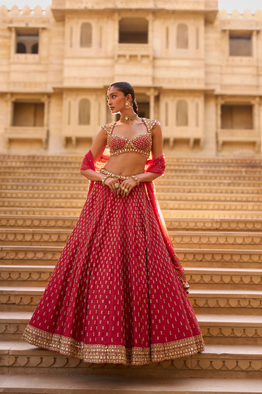 Dark Red Gold Zardosi Lehenga Set