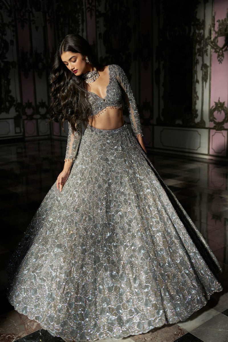 Silver Bling party wear lehenga skirt with stitched blouse and dupatta –  Neel Creations By Saanvi