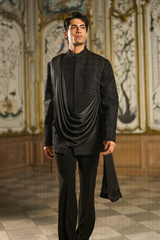 Black Draped Bandhgala Set