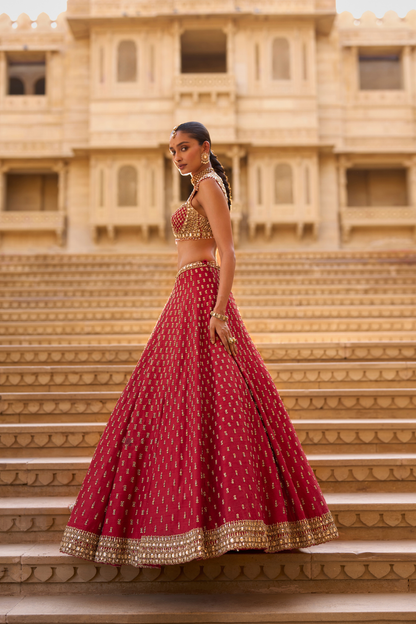 Dark Red Gold Zardosi Lehenga Set