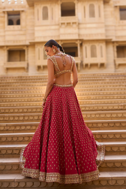 Dark Red Gold Zardosi Lehenga Set