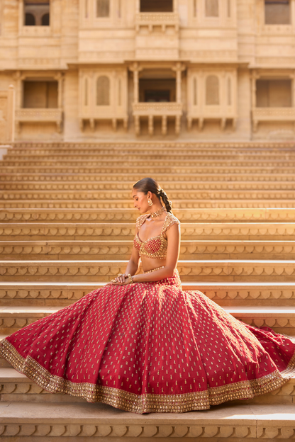 Dark Red Gold Zardosi Lehenga Set