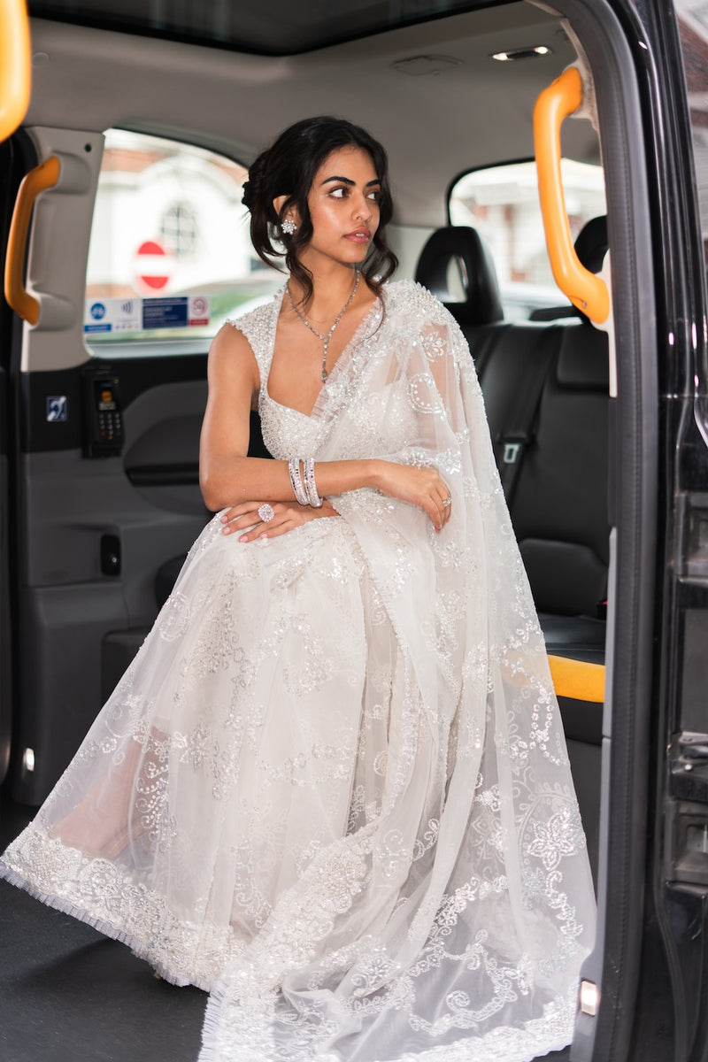 sequin saree dress SILVER SEQUIN SARI DRAPE GOWN
