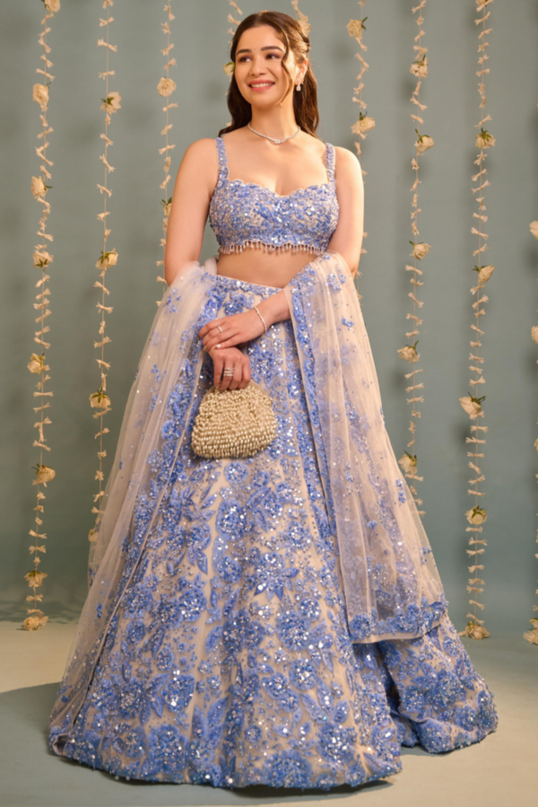 Sara Tendulkar In Powder Blue Floral Lehenga Set