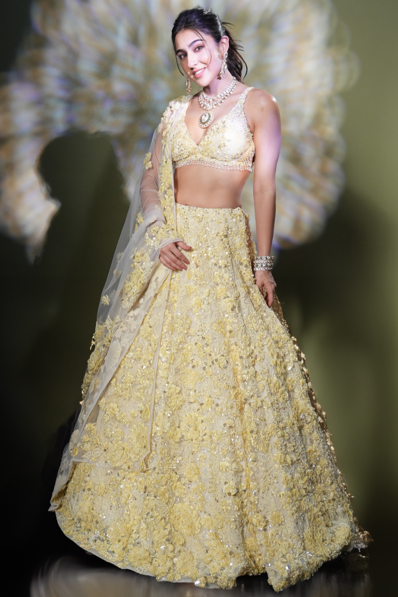 Sara Ali Khan In Yellow Floral Lehenga Set