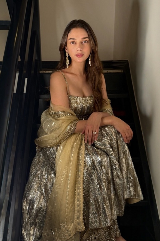 Aditi Rao Hydari in Gold Silver Crystal Sharara Set