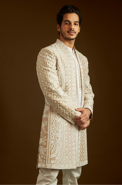 Ishaan Khatter in Nude Cream Open Sherwani Set