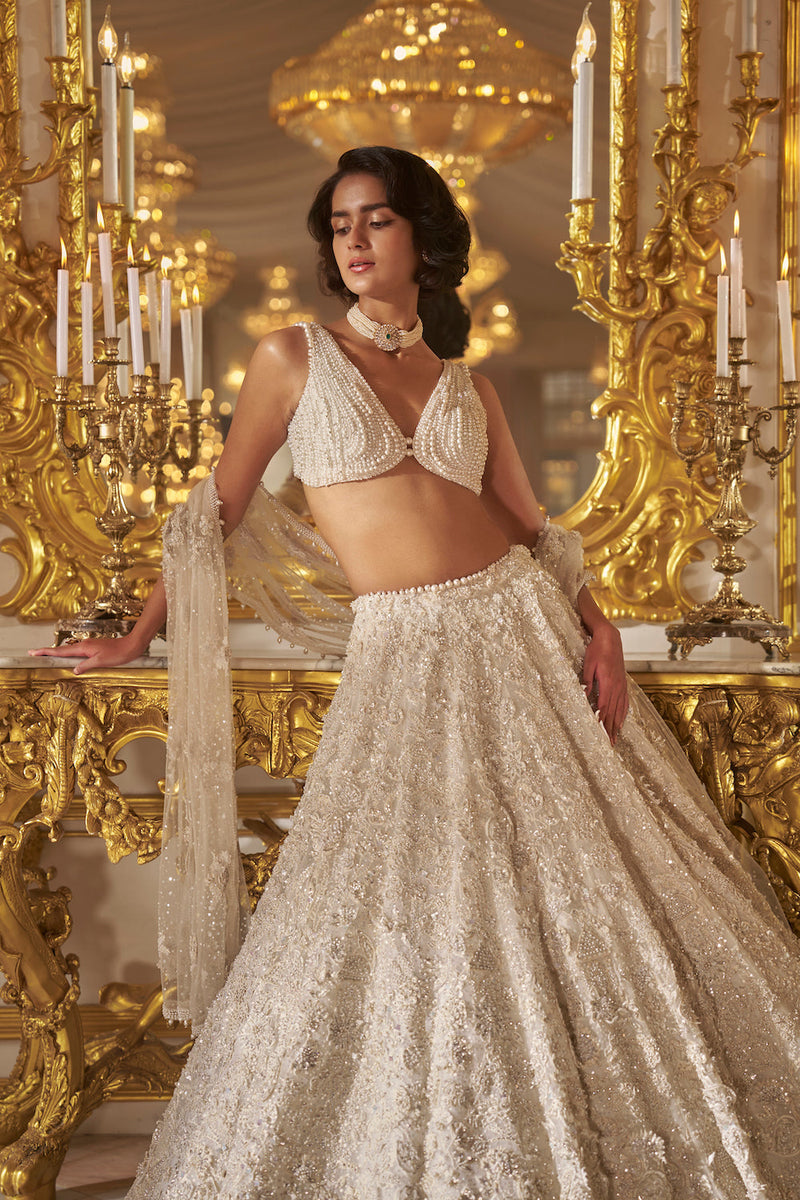 Triptii Dimri in Ivory Three-Dimensional Lehenga Set