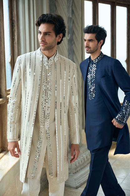 Beige Mirror Work Sherwani Set