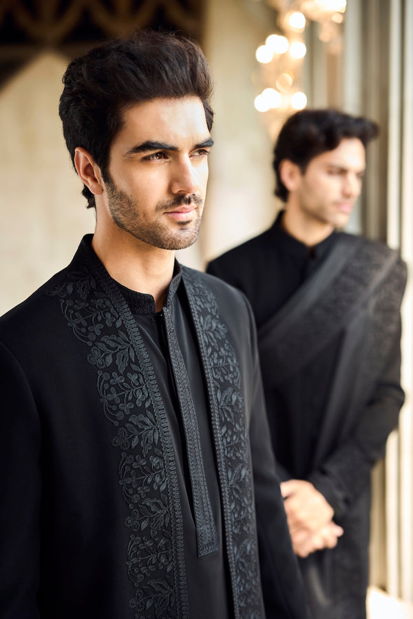 Black Thread Work Open Jacket Set