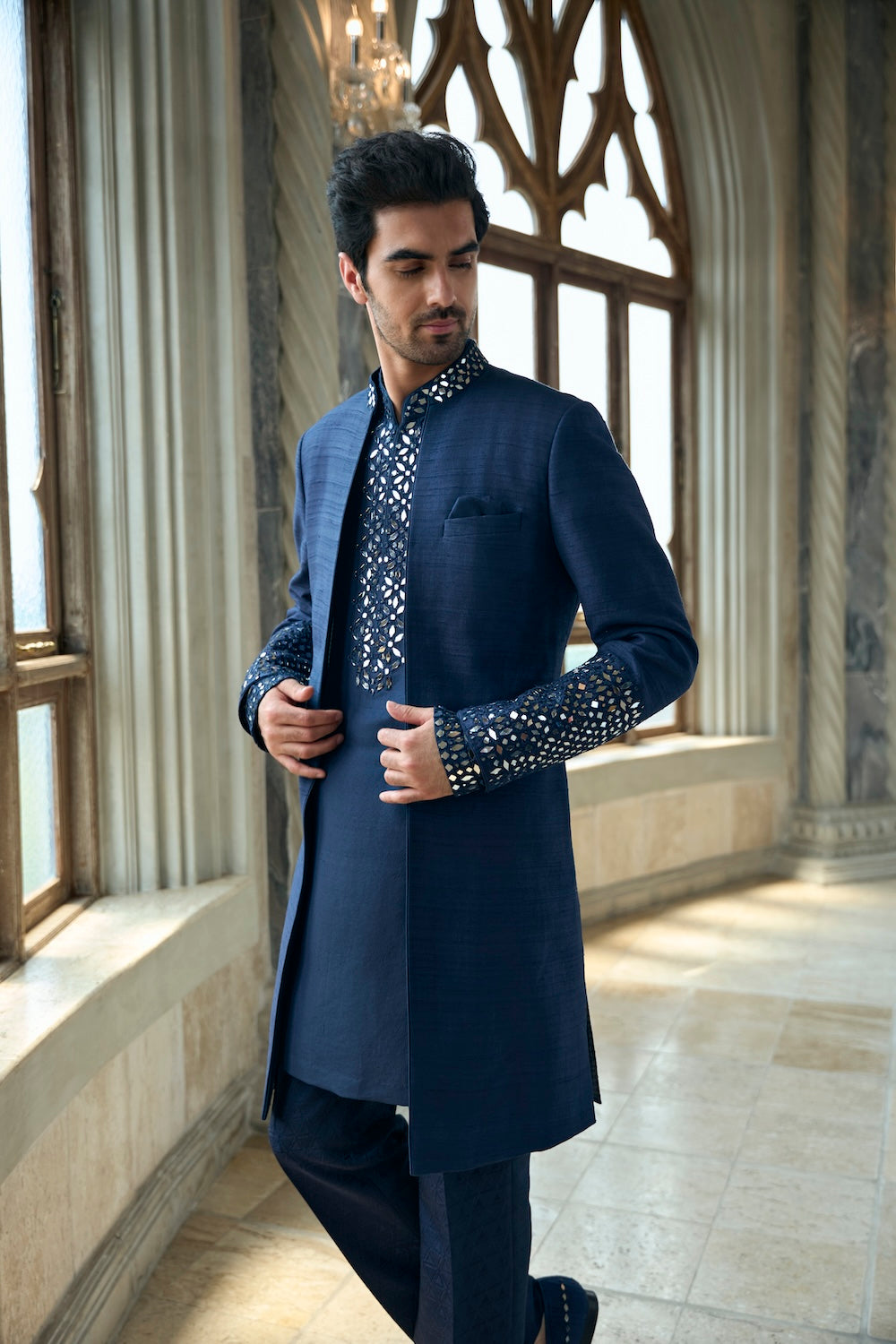 Persian Blue Mirror Open Sherwani Set