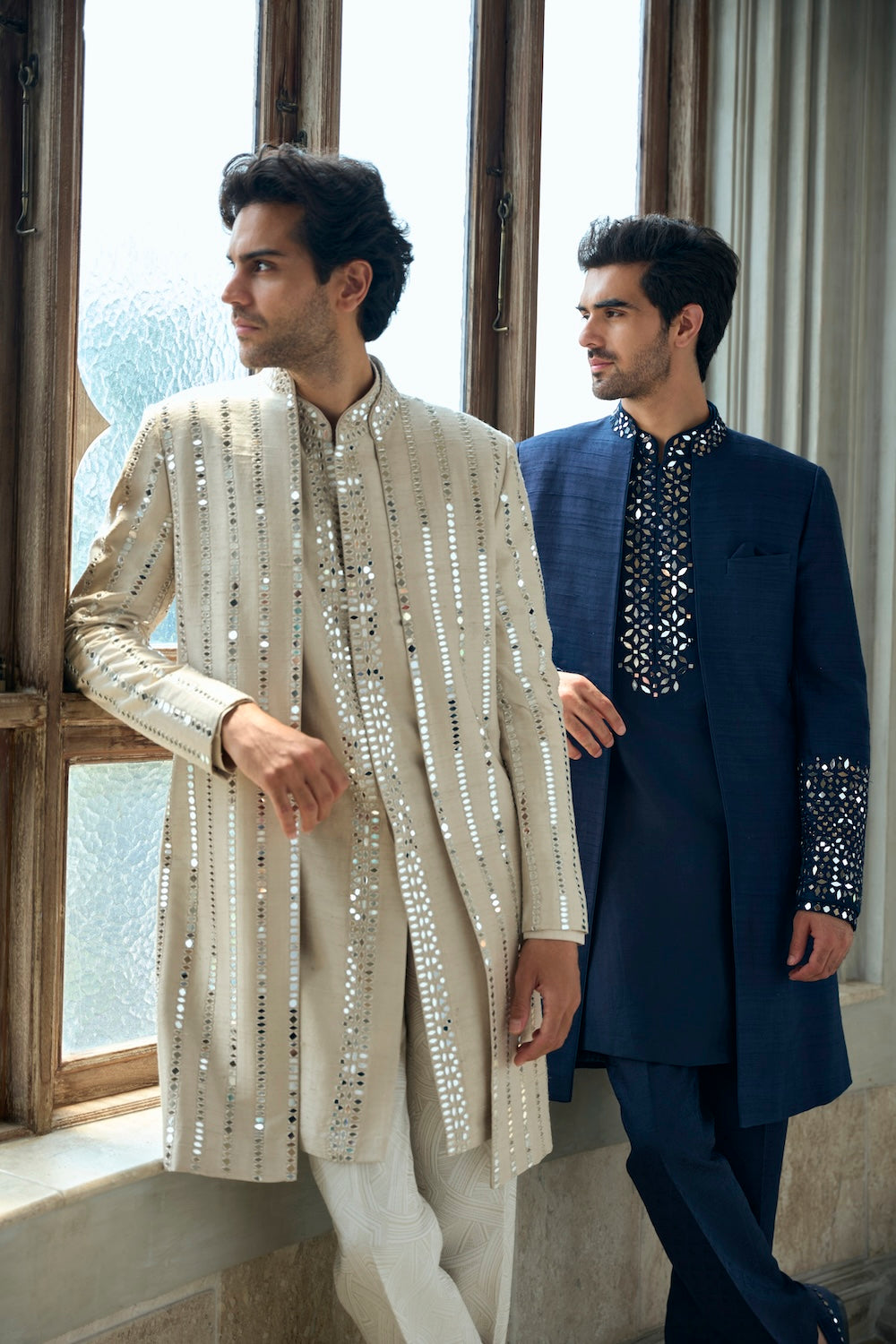 Beige Mirror Work Sherwani Set
