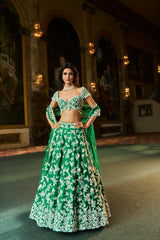Green Thread Work Lehenga Set