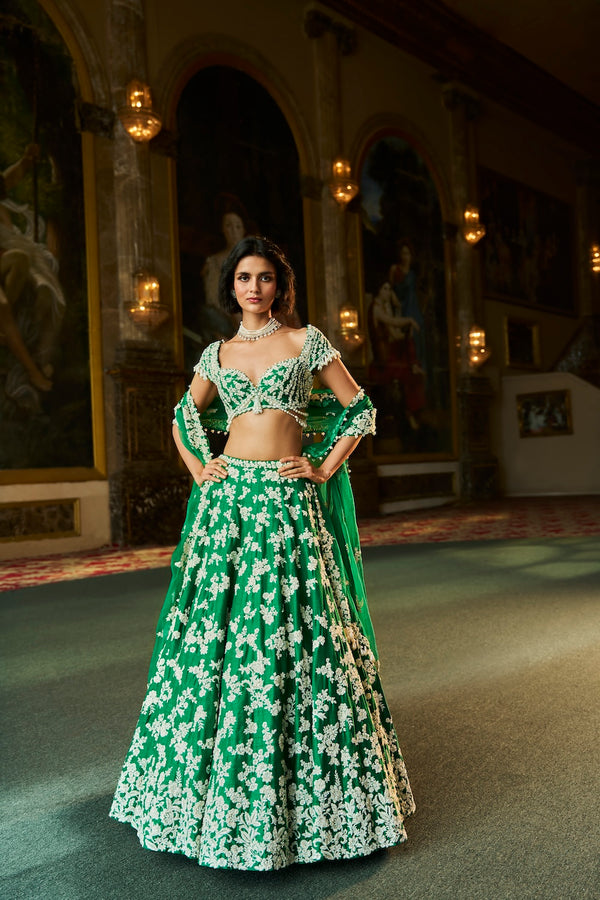 Green Thread Work Lehenga Set