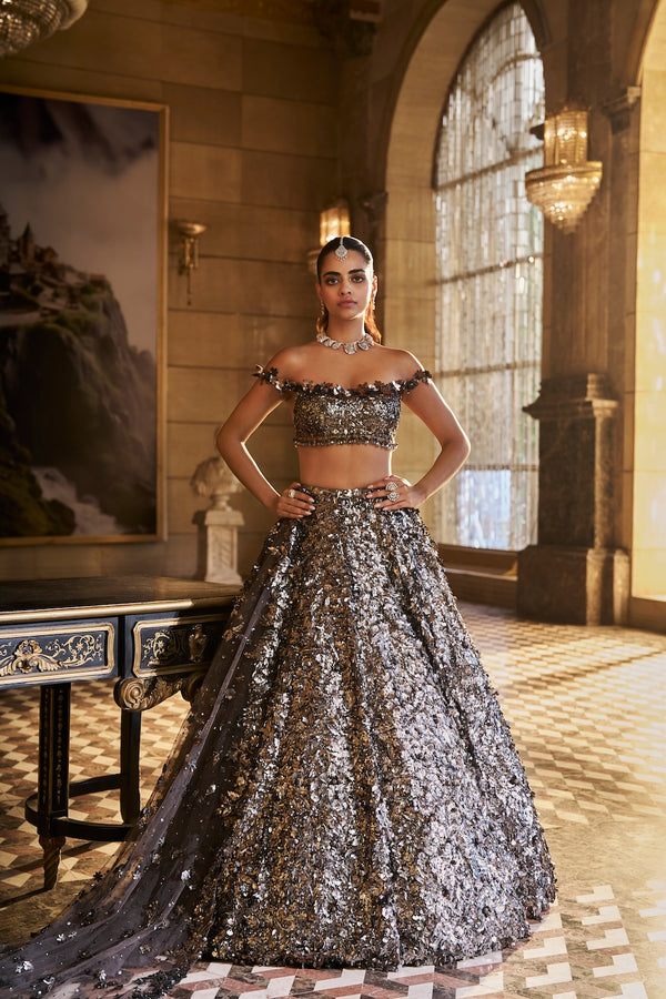 Metallic Silver 3D Lehenga Set
