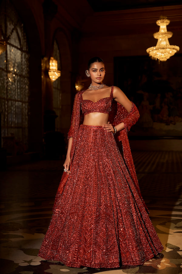 Brick Red Crystal Lehenga Set