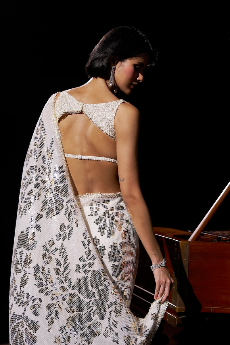 Gold Silver Sequin Georgette Saree