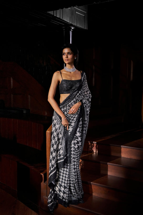 Hounds-Tooth Sequin Georgette Saree