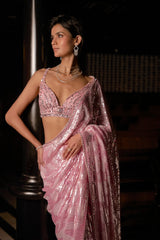 Pink Sequin Georgette Saree