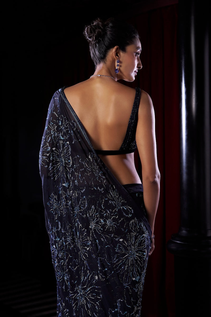 Midnight Blue Crystal Georgette Saree
