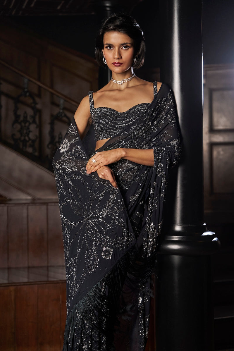 Steel Blue Crystal Georgette Saree