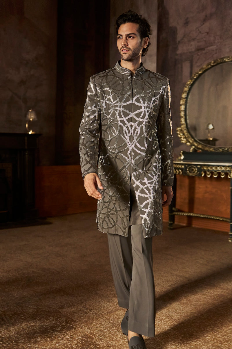 Grey Metallic Sherwani Set