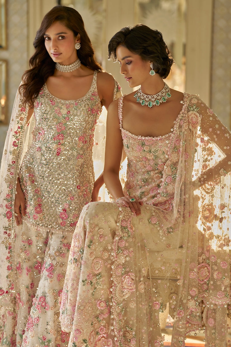 Nude Multi-Coloured Three-Dimensional Sharara Set