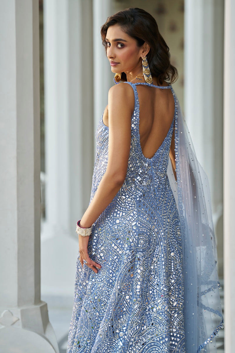 Blue Mirror Work Jacket Sharara Set – Seema Gujral