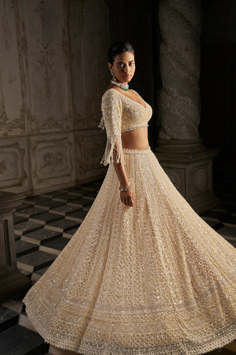 Party Wear Pearl White Georgette Embroidered N Sequins Umbrella Lehenga  Choli - VJV Now - India