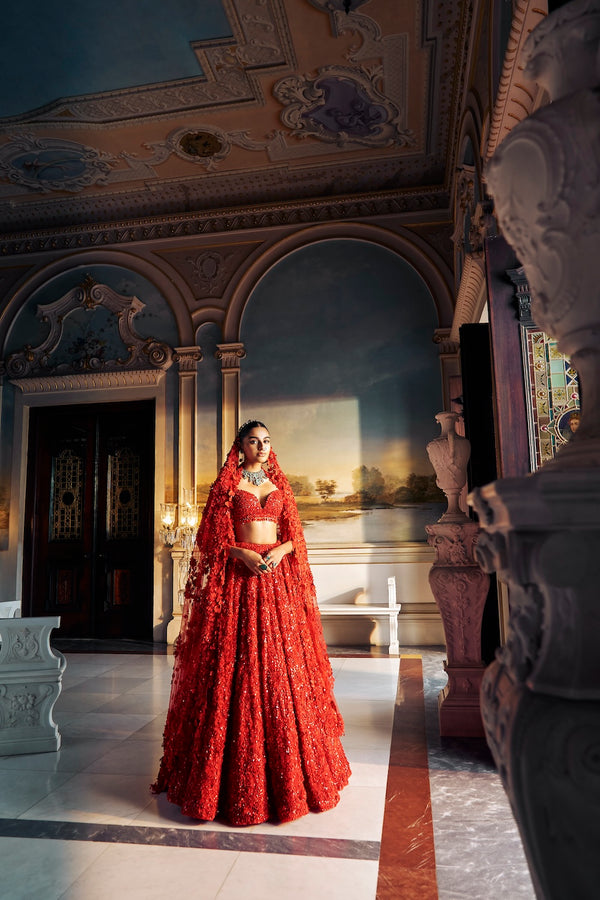 Red Three-Dimensional Floral Lehenga Set