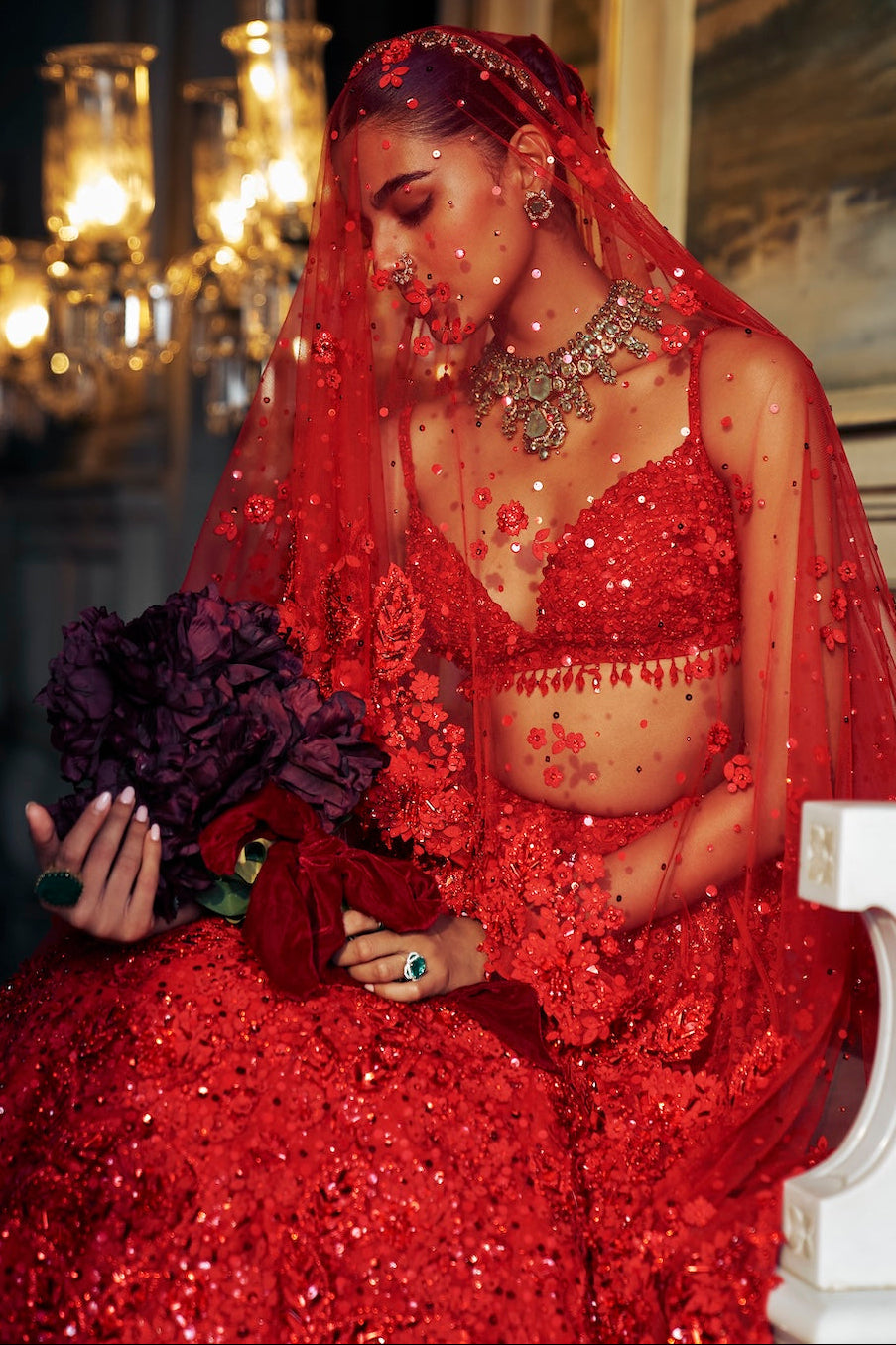 Red Three-Dimensional Floral Lehenga Set