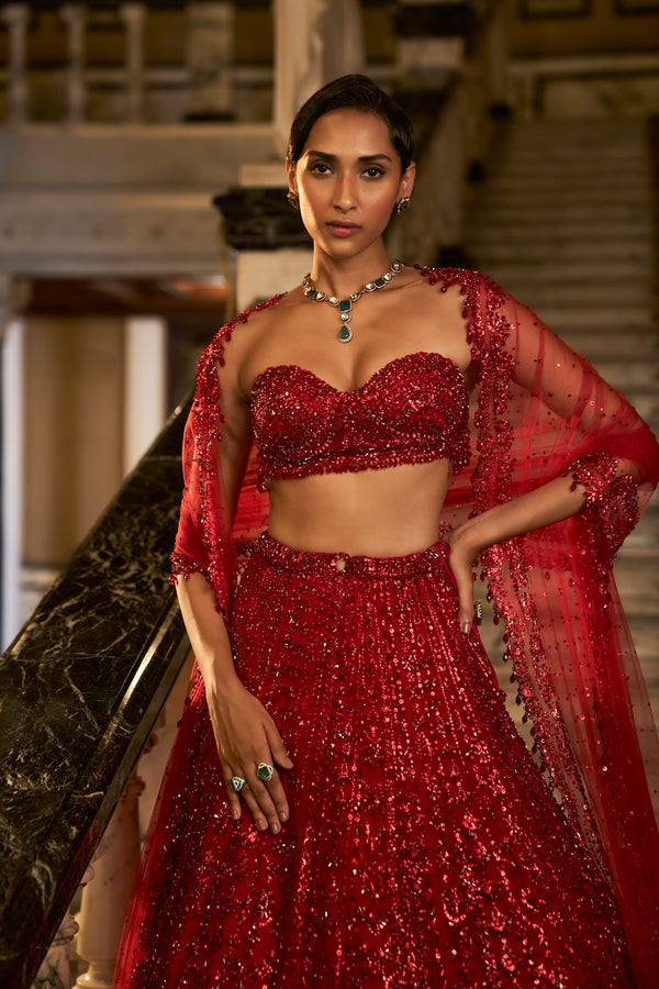 Red Crystal Lehenga Set