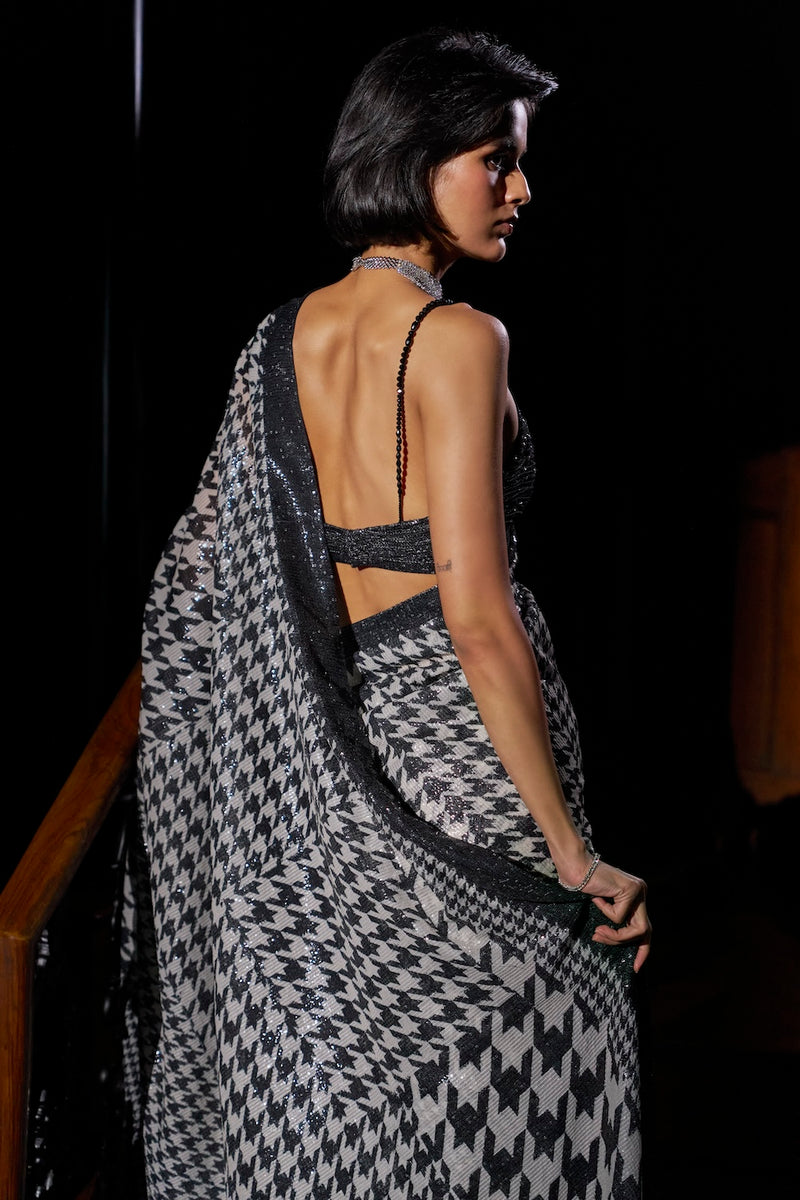 Hounds-Tooth Sequin Georgette Saree