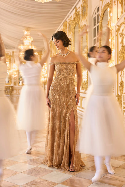 Off Shoulder Gold Gown
