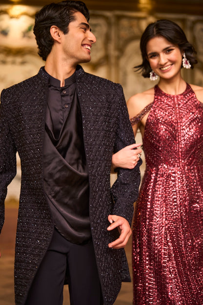 Navy Open Sherwani Set